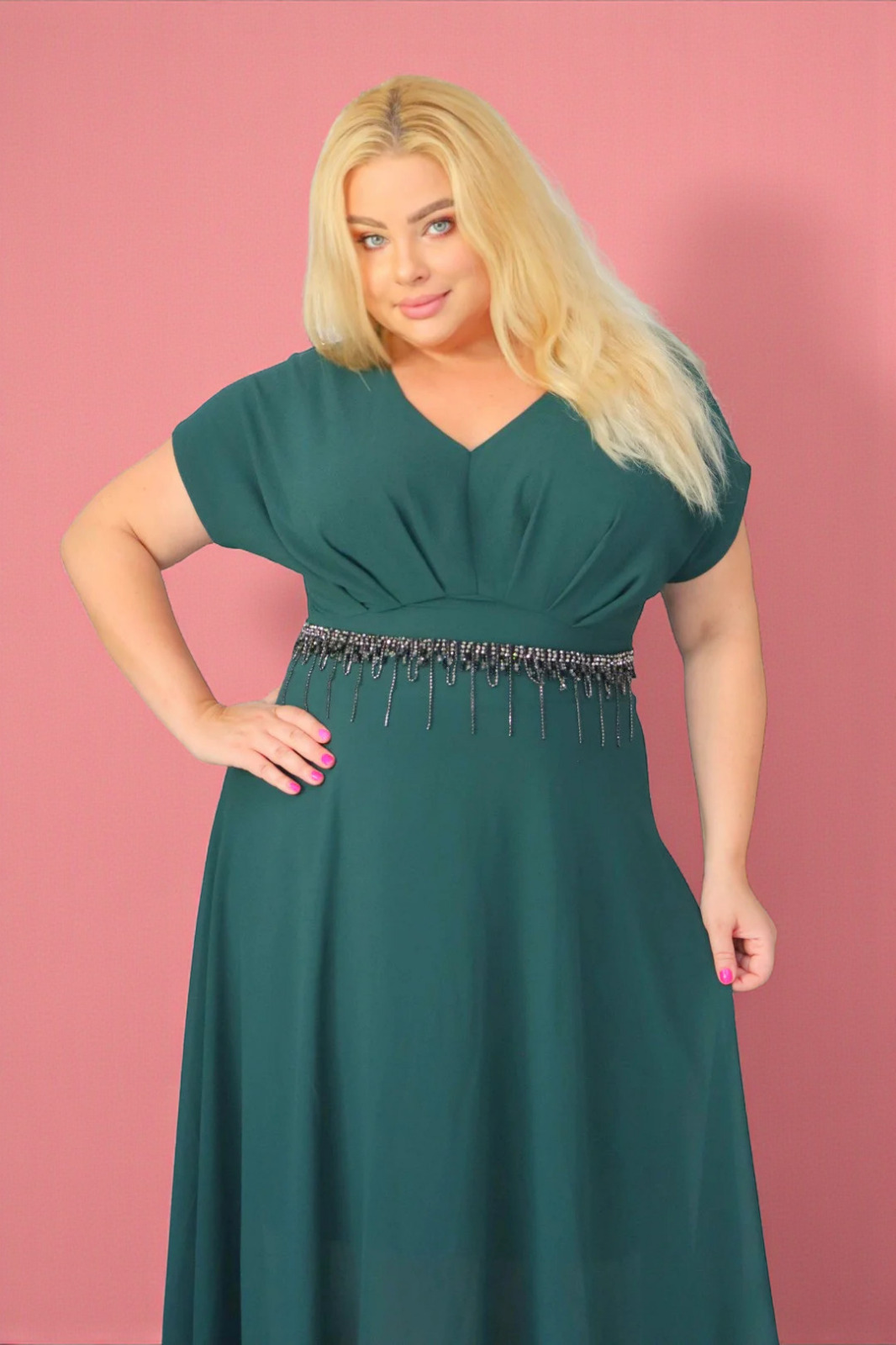 Absolutna IKONA STYLU 💖 Długa sukienka z kryształowym akcentem w talii ✨ BUTELKOWA ZIELEŃ ! A018(Kopia) - obrazek 3