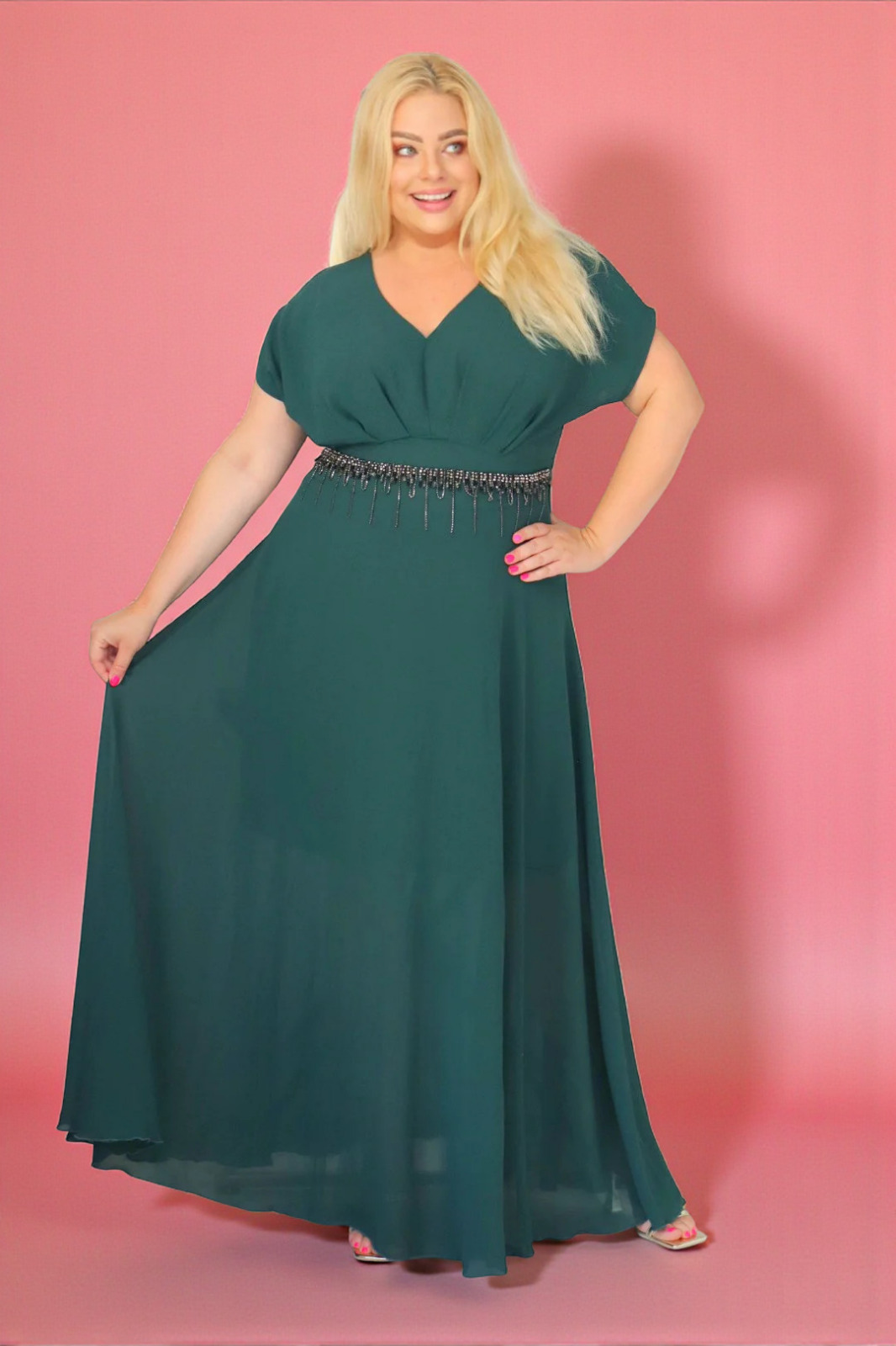 Absolutna IKONA STYLU 💖 Długa sukienka z kryształowym akcentem w talii ✨ BUTELKOWA ZIELEŃ ! A018(Kopia)