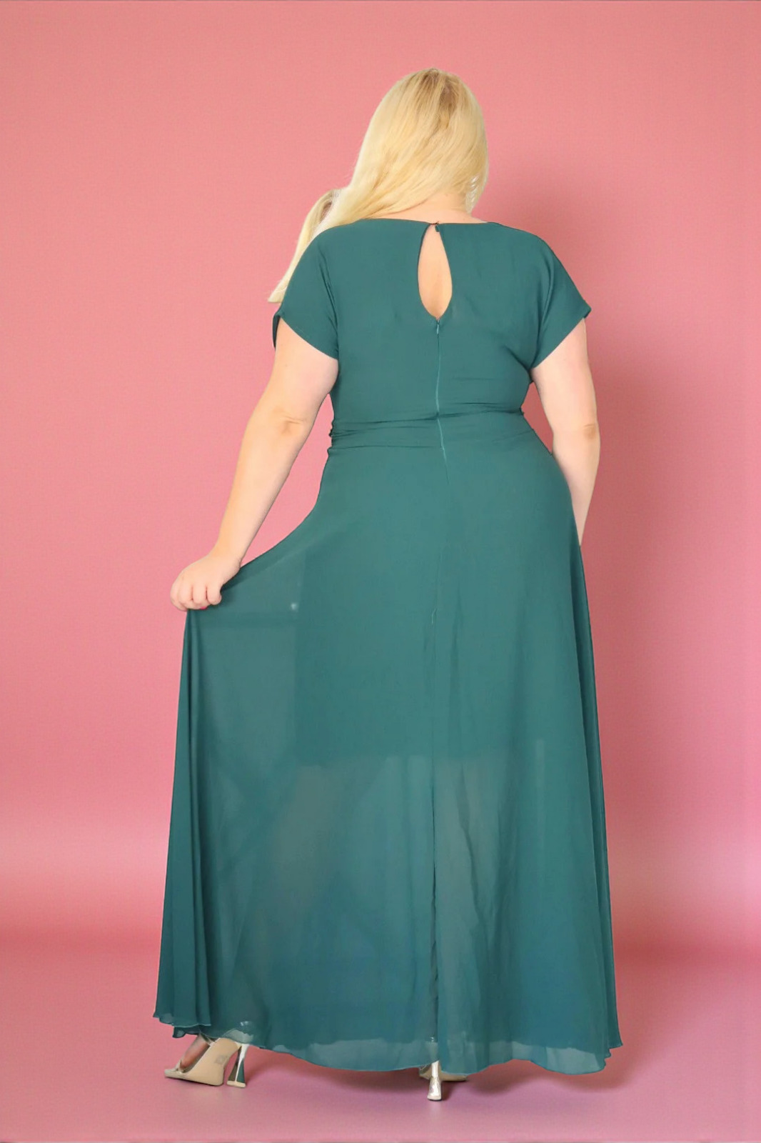 Absolutna IKONA STYLU 💖 Długa sukienka z kryształowym akcentem w talii ✨ BUTELKOWA ZIELEŃ ! A018(Kopia) - obrazek 2