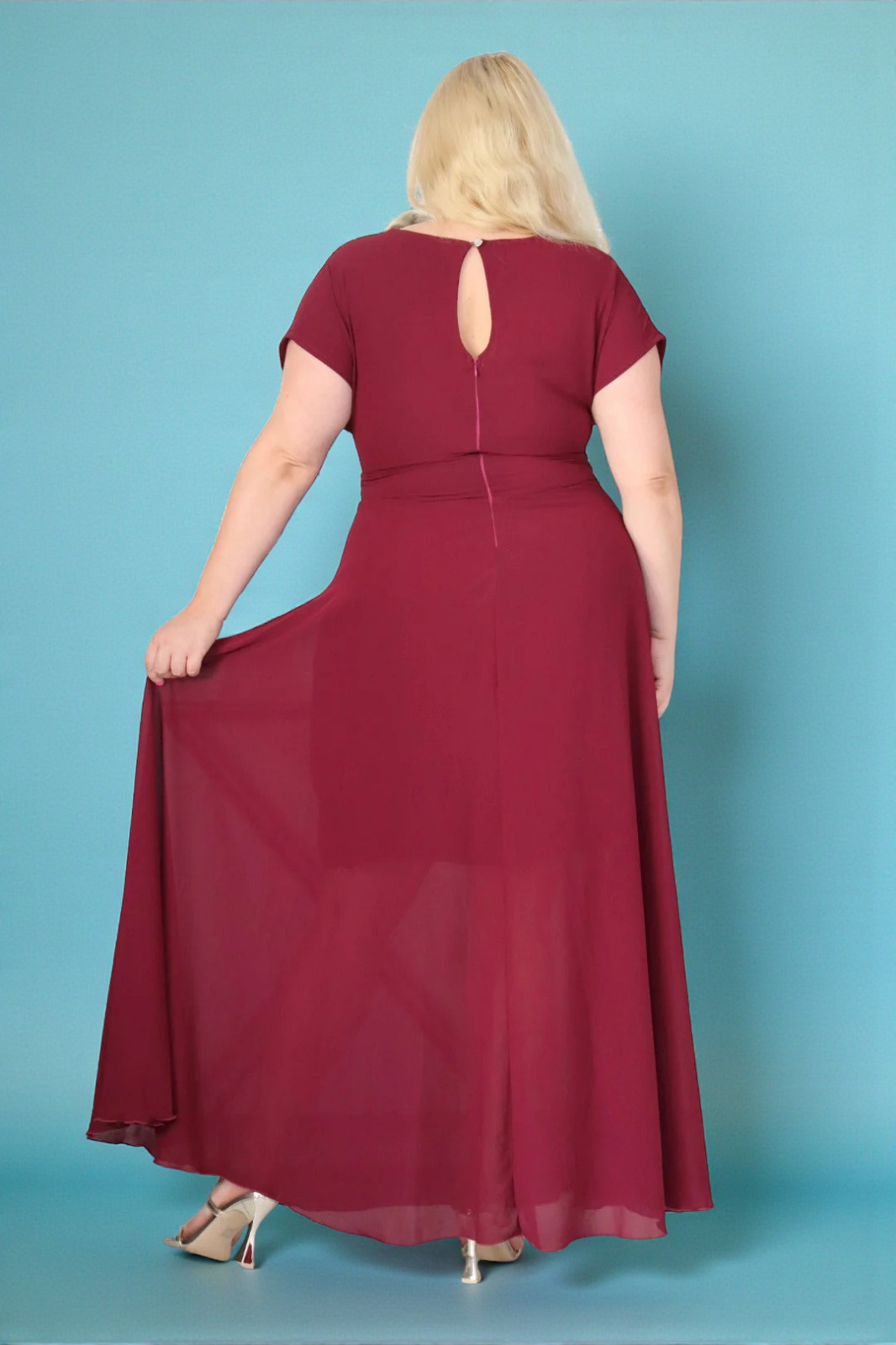 Absolutna IKONA STYLU 💖 Długa sukienka z kryształowym akcentem w talii ✨ BORDOWA A018 - obrazek 2