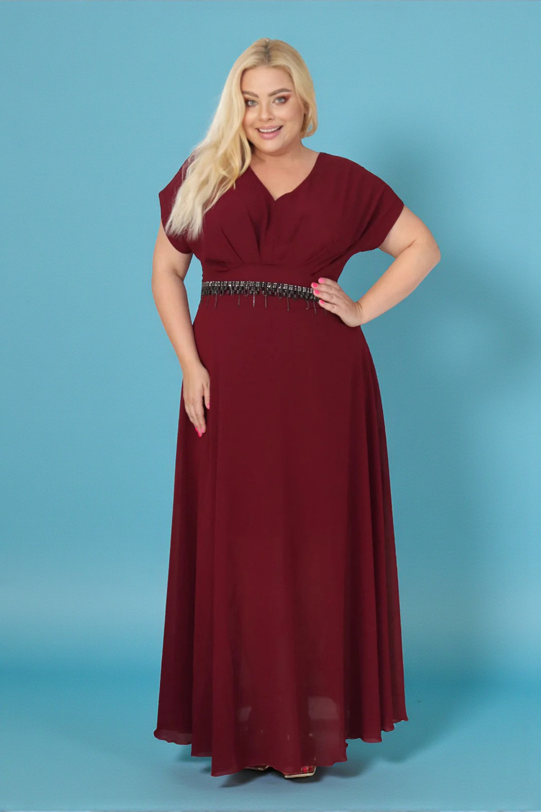 Absolutna IKONA STYLU 💖 Długa sukienka z kryształowym akcentem w talii ✨ BORDOWA A018