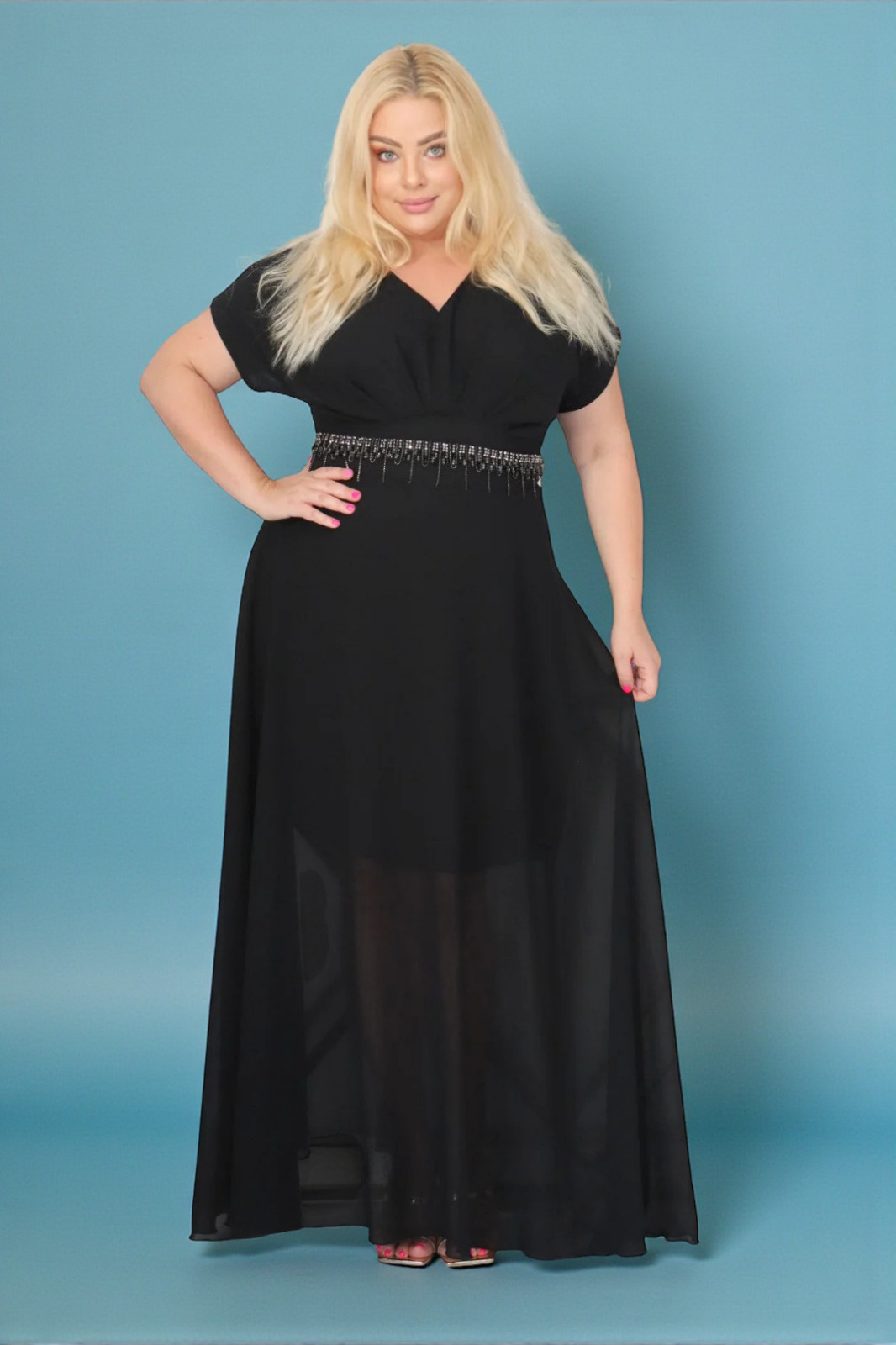 Absolutna IKONA STYLU 💖 Długa sukienka z kryształowym akcentem w talii ✨ CZARNA! A018