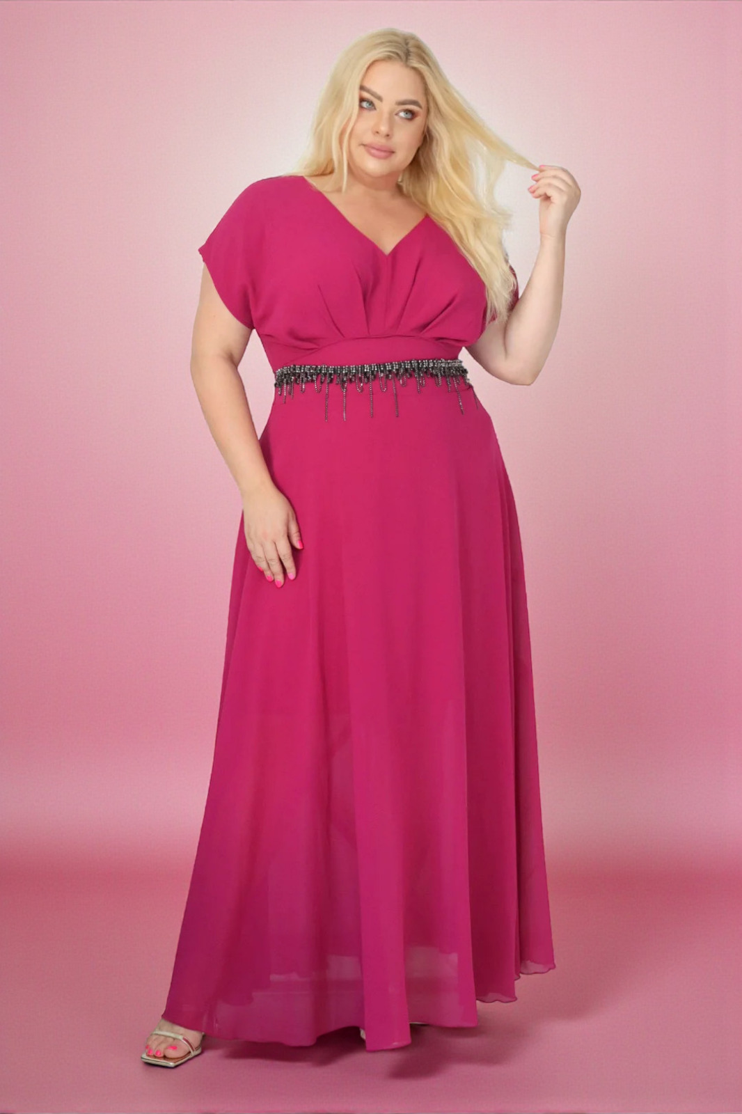 Absolutna IKONA STYLU 💖 Długa sukienka z kryształowym akcentem w talii ✨ FUKSJOWA! A018