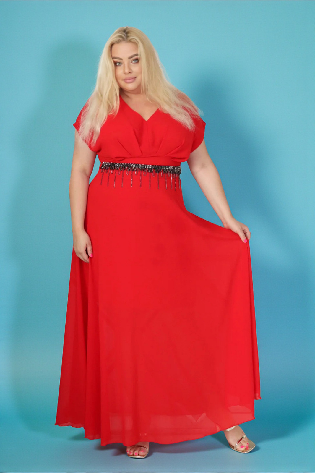 Absolutna IKONA STYLU 💖 Długa sukienka z kryształowym akcentem w talii ✨ CZERWONA A018