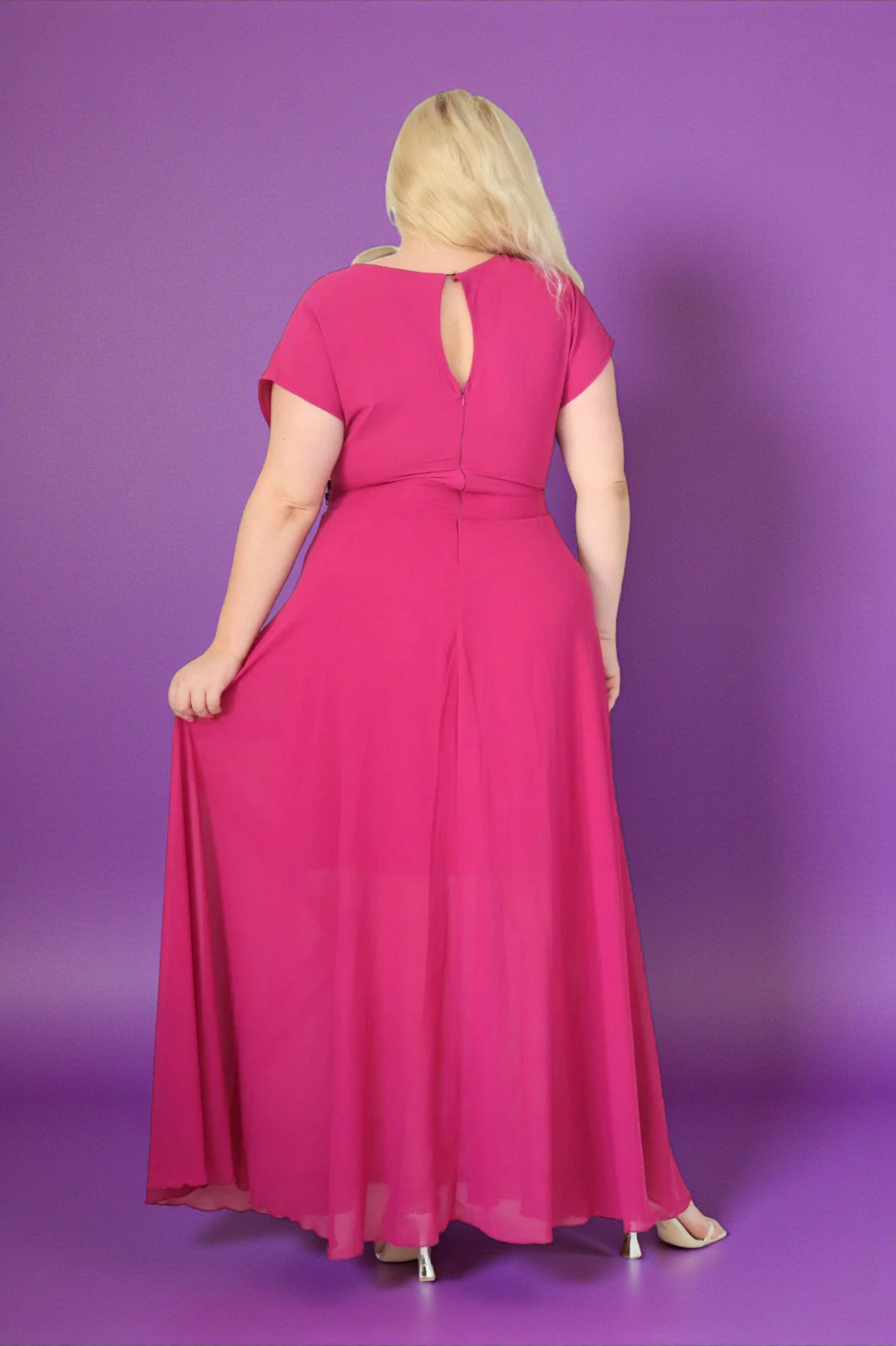 Absolutna IKONA STYLU 💖 Długa sukienka z kryształowym akcentem w talii ✨ FUKSJOWA! A018 - obrazek 2