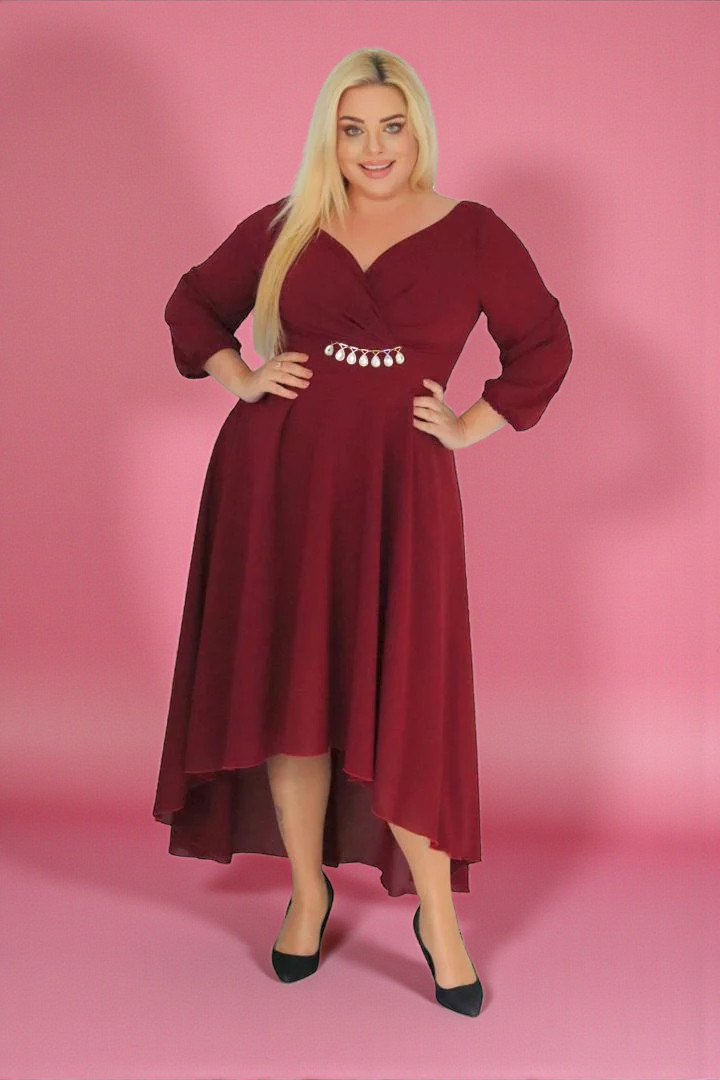 Sukienka klasyczna asymetryczna rozkloszowana kopertowy dekolt ozdoba szyfon bordowa. A017. MEGA WYPRZEDAŻ!