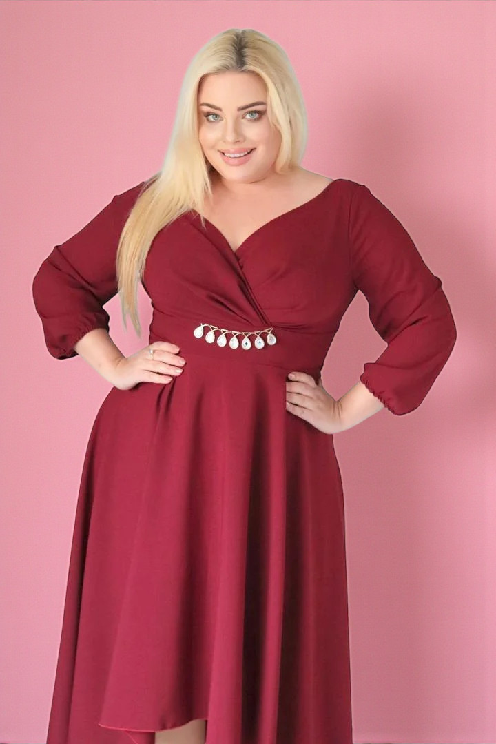 Sukienka klasyczna asymetryczna rozkloszowana kopertowy dekolt ozdoba szyfon bordowa. A017. MEGA WYPRZEDAŻ! - obrazek 2