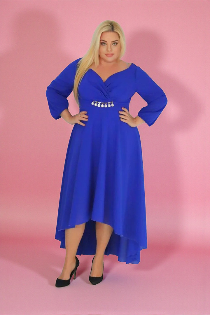 Sukienka klasyczna asymetryczna rozkloszowana kopertowy dekolt ozdoba szyfon chabrowa. A017. MEGA WYPRZEDAŻ!