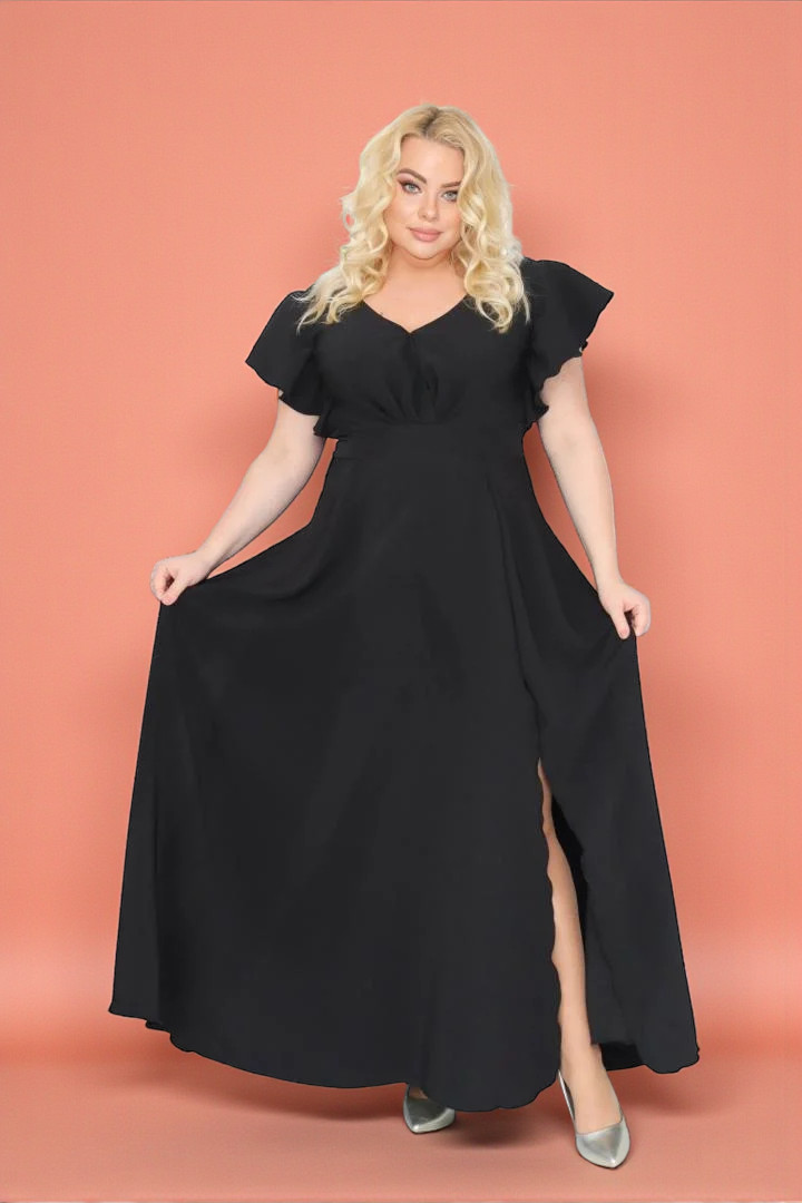 Sukienka klasyczna rozkloszowana kopertowy dekolt - Zanim kupisz, zobacz film, który pokazuje jak pięknie się układa. CZARNA. A015. MEGA WYPRZEDAŻ!
