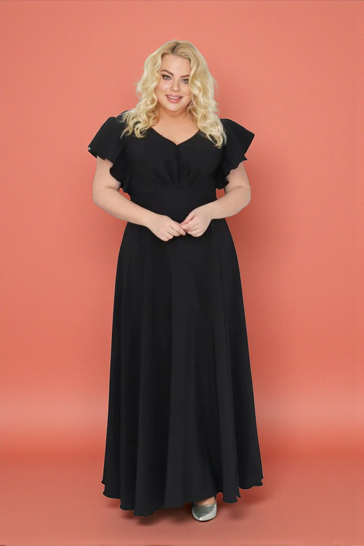 Sukienka klasyczna rozkloszowana kopertowy dekolt - Zanim kupisz, zobacz film, który pokazuje jak pięknie się układa. CZARNA. A015. MEGA WYPRZEDAŻ! - obrazek 2