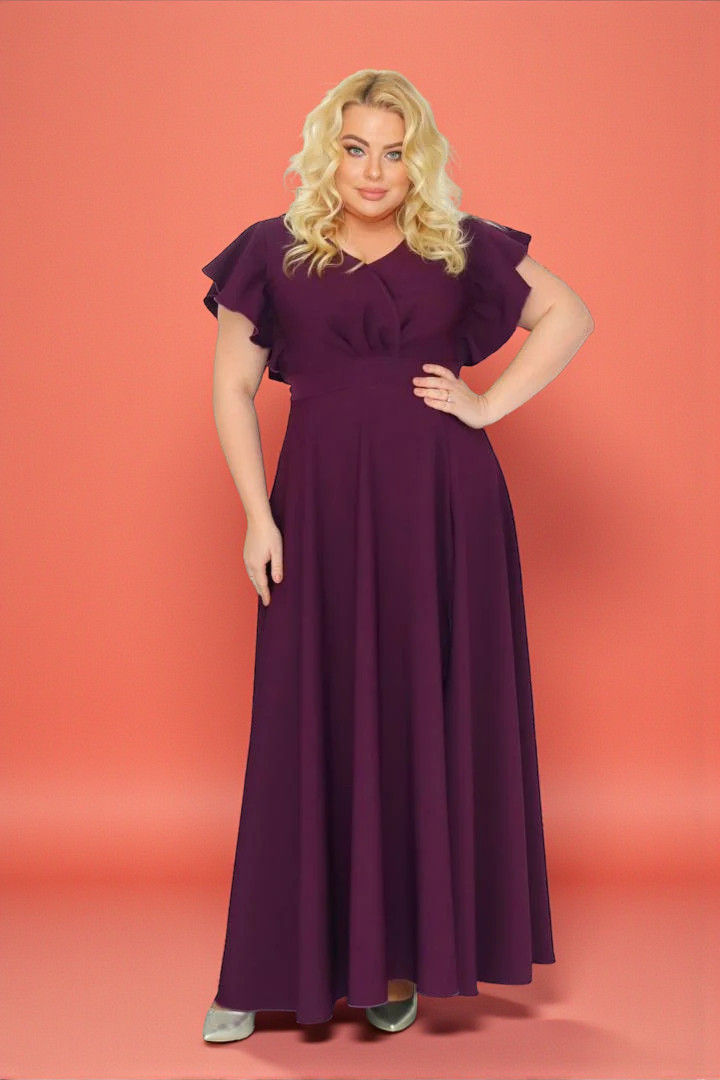 Sukienka klasyczna rozkloszowana kopertowy dekolt - Zanim kupisz, zobacz film, który pokazuje jak pięknie się układa. ŚLIWKA. A015. MEGA WYPRZEDAŻ!