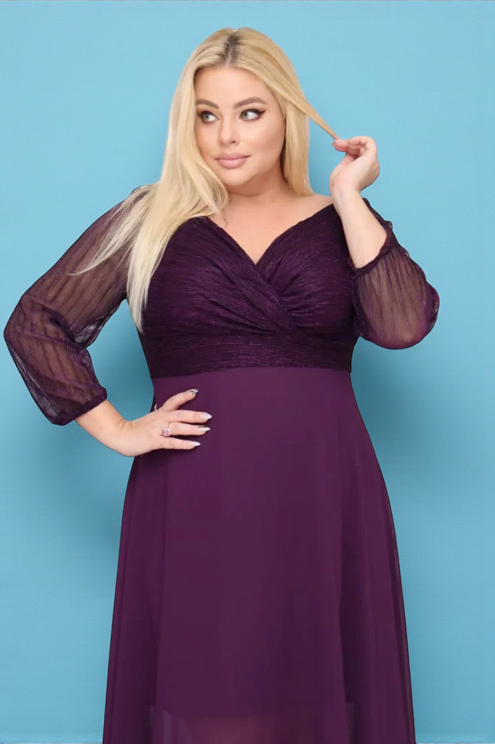 Sukienka klasyczna lekka zwiewna rozkloszowana fioletowa. A012. MEGA WYPRZEDAŻ! - obrazek 2