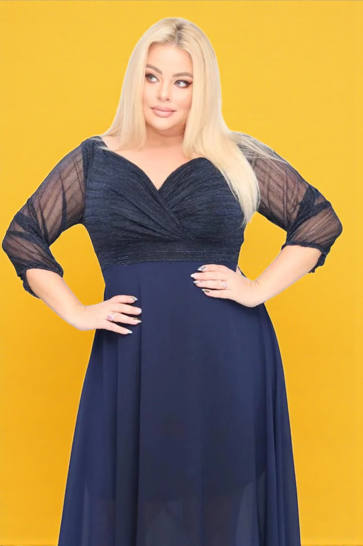 Sukienka klasyczna lekka zwiewna rozkloszowana granatowa. A012. MEGA WYPRZEDAŻ! - obrazek 2
